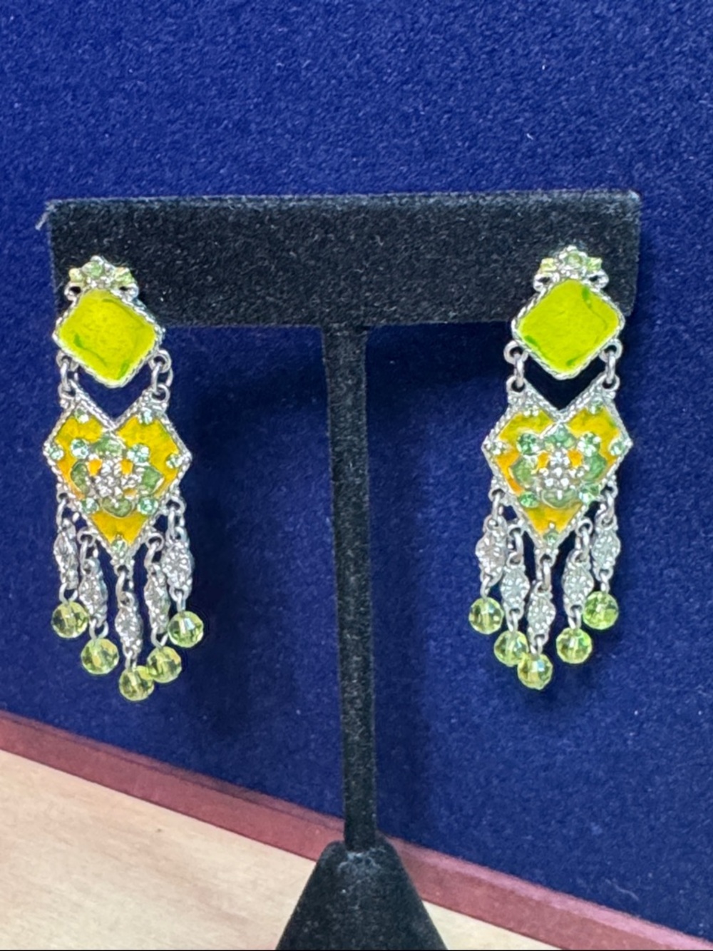 Ornate Yellow green enamel small chandelier earrings w/green crystals & beading